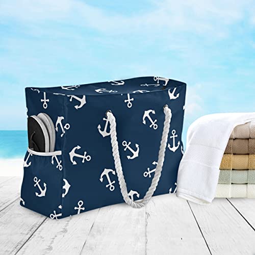 senya Large Beach Bags Totes Canvas Tote Shoulder Bag Soft Wave Water Resistant Bags for Gym Travel Daily （Navy White Anchor） - Image 5
