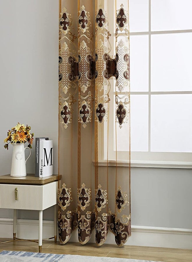 ELKCA ستائر ELKCA الفاخرة المطرزة الشفافة لغرفة المعيشة، وستائر تول بلون الشوكولاتة لغرفة النوم مع تطريز مخملي، وحلقات معدنية في الأعلى، مقاس 52 بوصة عرض × 84 بوصة طول، قطعتان. - Image 4
