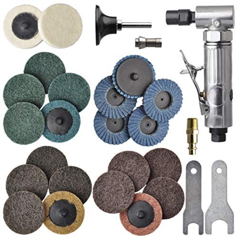 1/4 inch angle air die grinder with 22 pcs 2-inch roll lock sanding discs, polished color angle pneumatic die grinder, air die grinder kit by - Image 1