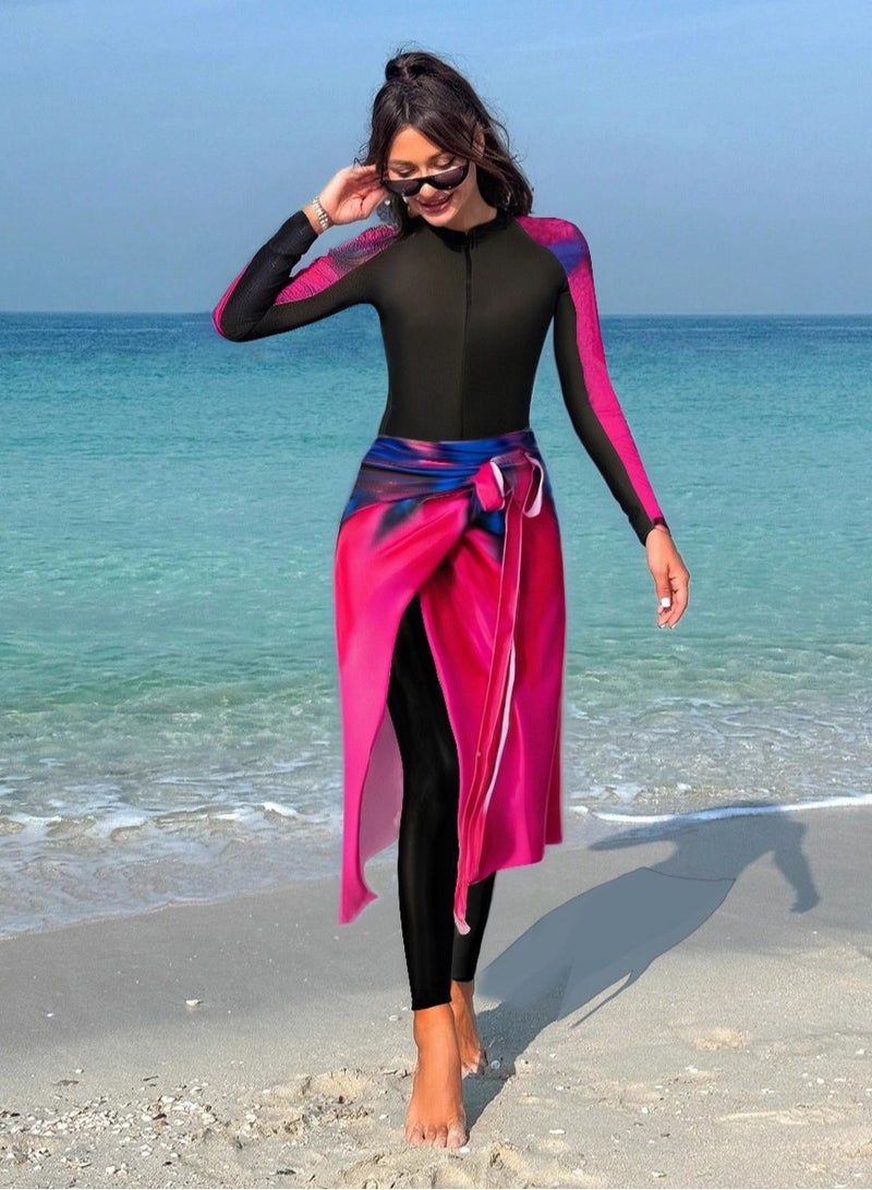 Women’s Black and Light Pink Burkini Set – Slim Pants and Apron 