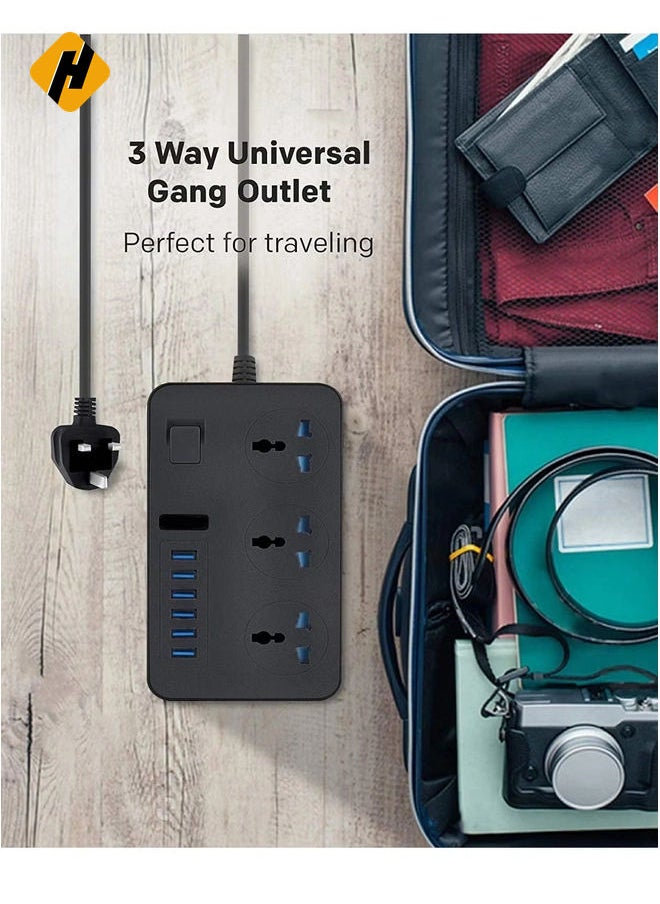 هوها Universal Power Strips 3 Way Outlets 6 USB Plug Plud Ports Surge Power Power Switch شاحن محمول مع سلك امتداد محول توصيل الجدار 2M مع فتيل وتوسيع تمديد مصراع  - Image 4