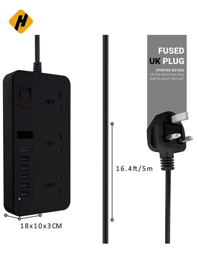هوها Universal Power Strips 3 Way Outlets 6 USB Plug Plud Ports Surge Power Power Switch شاحن محمول مع سلك امتداد محول توصيل الجدار 2M مع فتيل وتوسيع تمديد مصراع  - Image 2