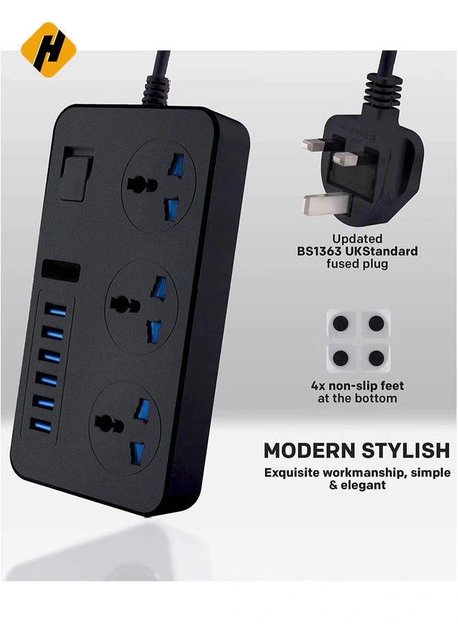 هوها Universal Power Strips 3 Way Outlets 6 USB Plug Plud Ports Surge Power Power Switch شاحن محمول مع سلك امتداد محول توصيل الجدار 2M مع فتيل وتوسيع تمديد مصراع  - Image 3