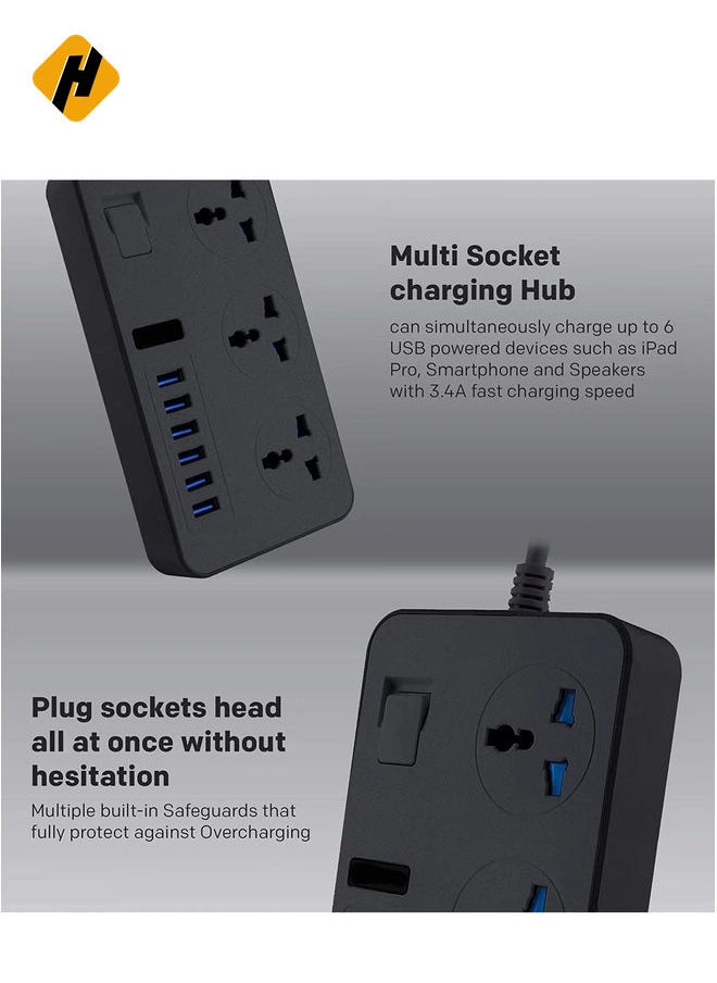هوها Universal Power Strips 3 Way Outlets 6 USB Plug Plud Ports Surge Power Power Switch شاحن محمول مع سلك امتداد محول توصيل الجدار 2M مع فتيل وتوسيع تمديد مصراع  - Image 5