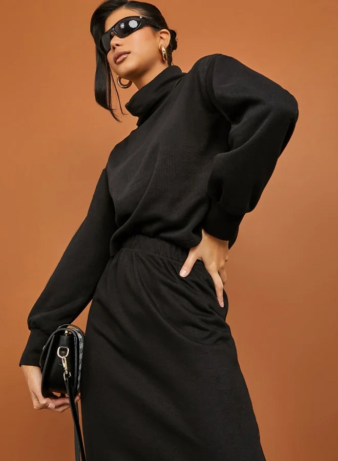 ستايلي Roll Neck Ribbed Knit Top and Skirt Co-Ord Set