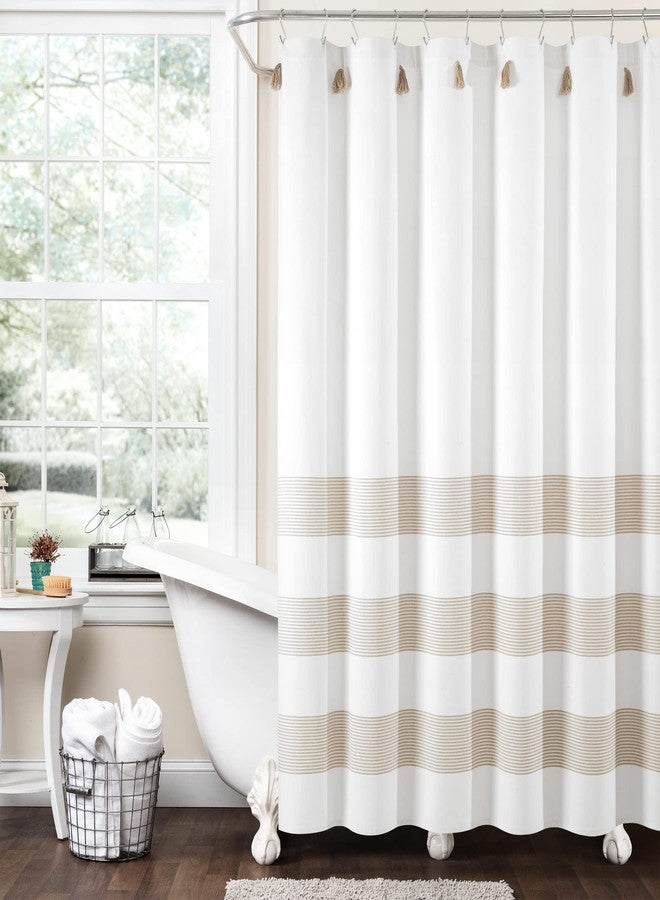 Lush Decor Boho Tassel Stripe Yarn Dyed Eco-Friendly Recycled Cotton Shower Curtain, 72" x 72", Neutral & White - Image 1