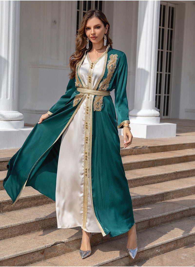 ShineShe - Abaya Elegant Dubai-Inspired Satin Abaya in Emerald Green with inner dress, Gold Embroidery and Trim, Shineshe - Image 1