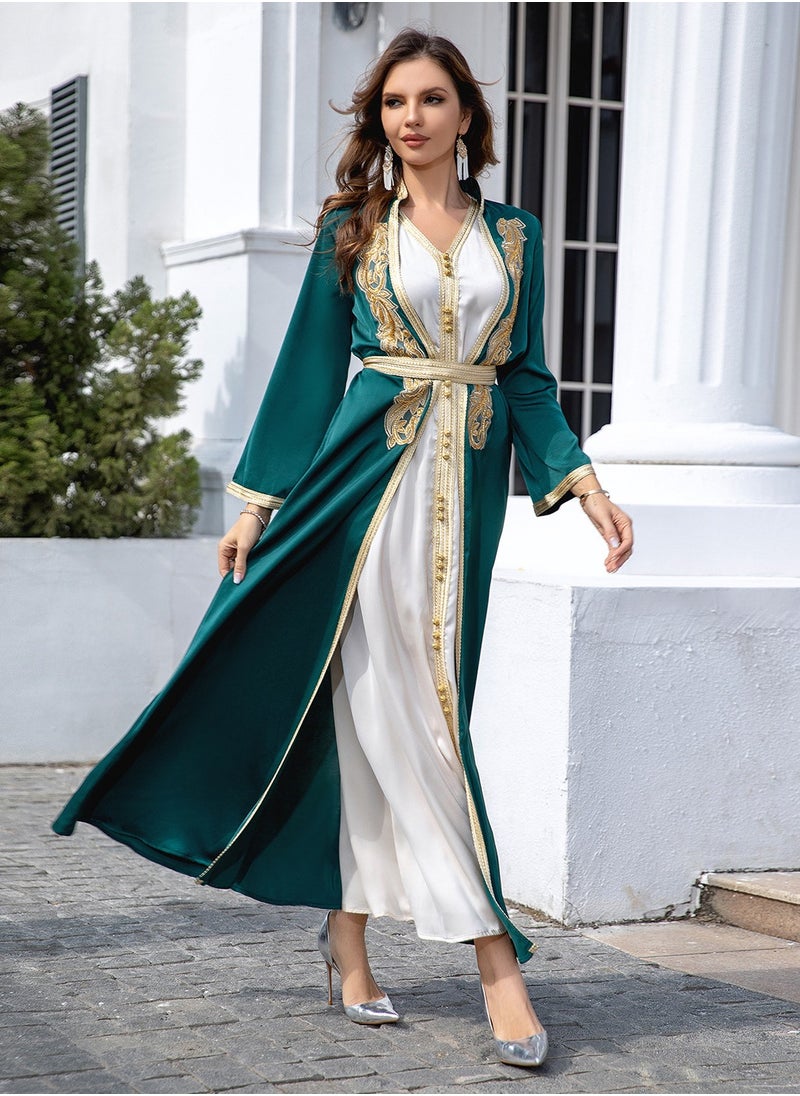 ShineShe - Abaya Elegant Dubai-Inspired Satin Abaya in Emerald Green with inner dress, Gold Embroidery and Trim, Shineshe - Image 1
