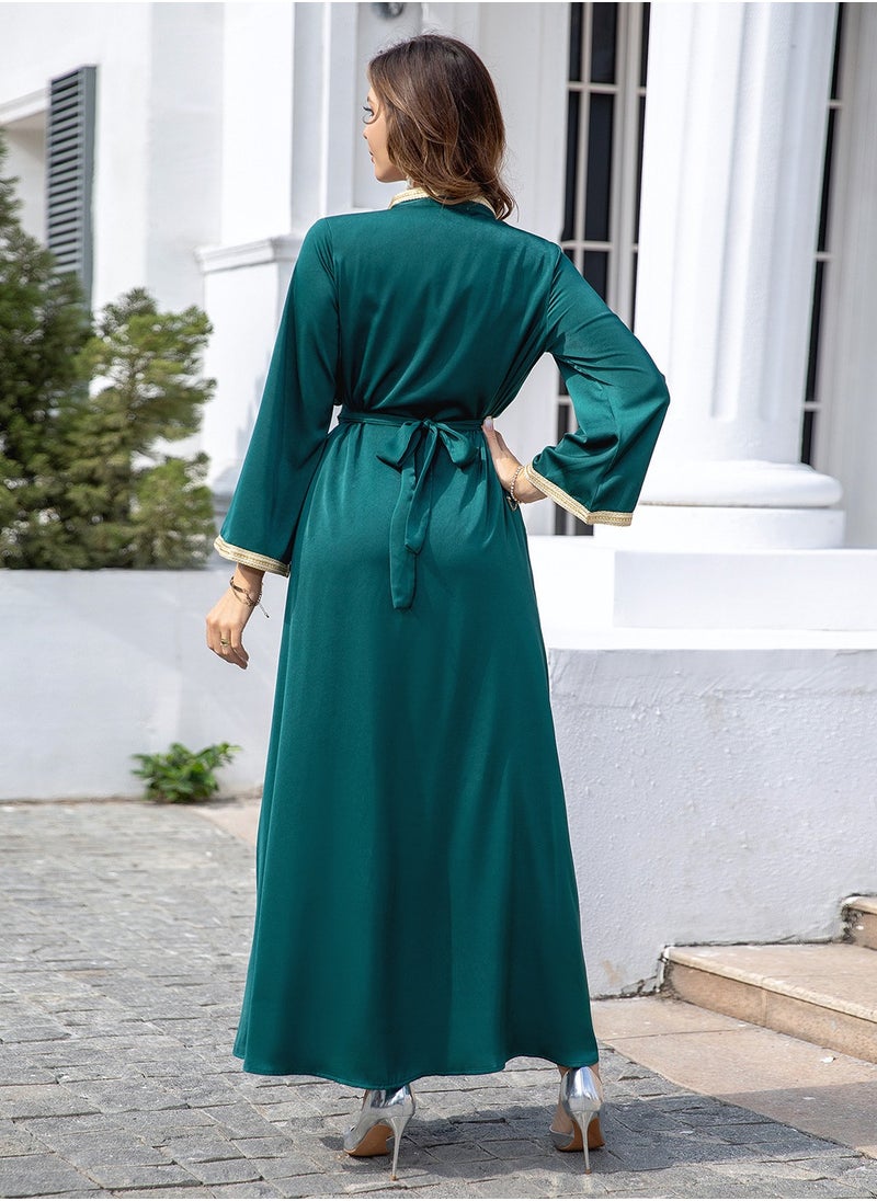 ShineShe - Abaya Elegant Dubai-Inspired Satin Abaya in Emerald Green with inner dress, Gold Embroidery and Trim, Shineshe - Image 1