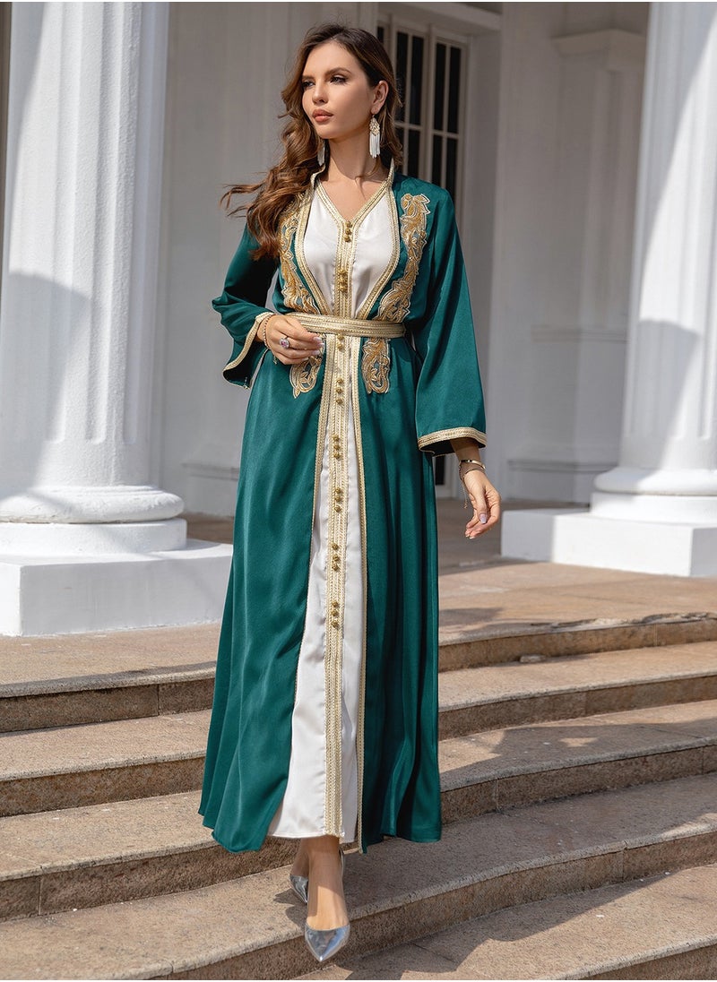 ShineShe - Abaya Elegant Dubai-Inspired Satin Abaya in Emerald Green with inner dress, Gold Embroidery and Trim, Shineshe - Image 1