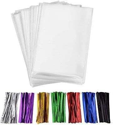 MoloTAR 200 Pcs 10 in x 6 in(1.4mil.) Clear Flat Cello Cellophane Treat Bags Good for Bakery, Cookies, Candies,Dessert with five random color Twist Ties! - Image 5