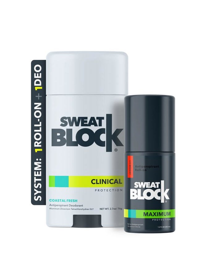Sweatblock Antiperspirant Deodorant System | MAXIMUM CLINICAL STRENGTH for Men & Women | Hyperhidrosis Aid for up to 7 Days Sweat Control | Roll On 1.2 fl oz + 48 Hour Odor Protection Stick 2.7oz  - Image 1