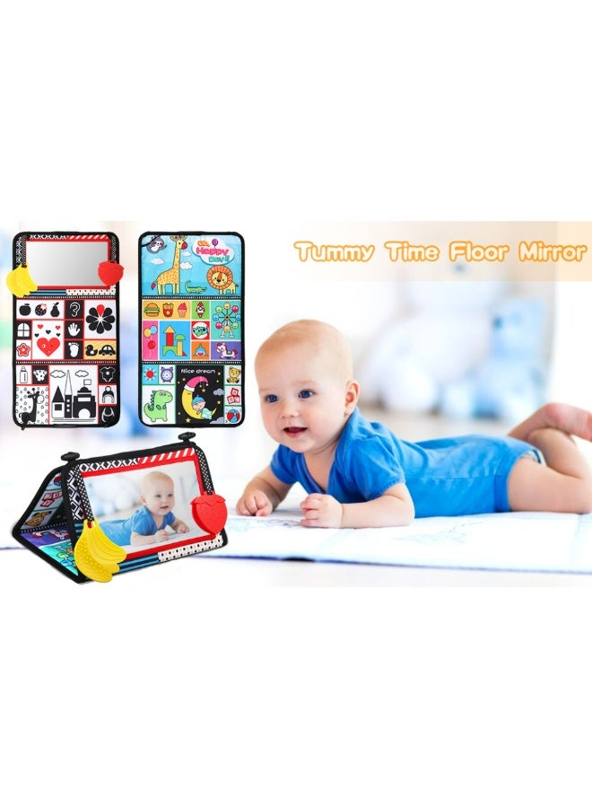 3-in-1 Tummy Time Baby Mirror & Sensory Activity Set – High Contrast Black & White Patterns with Crinkle Book and BPA-Free Teethers - Image 1