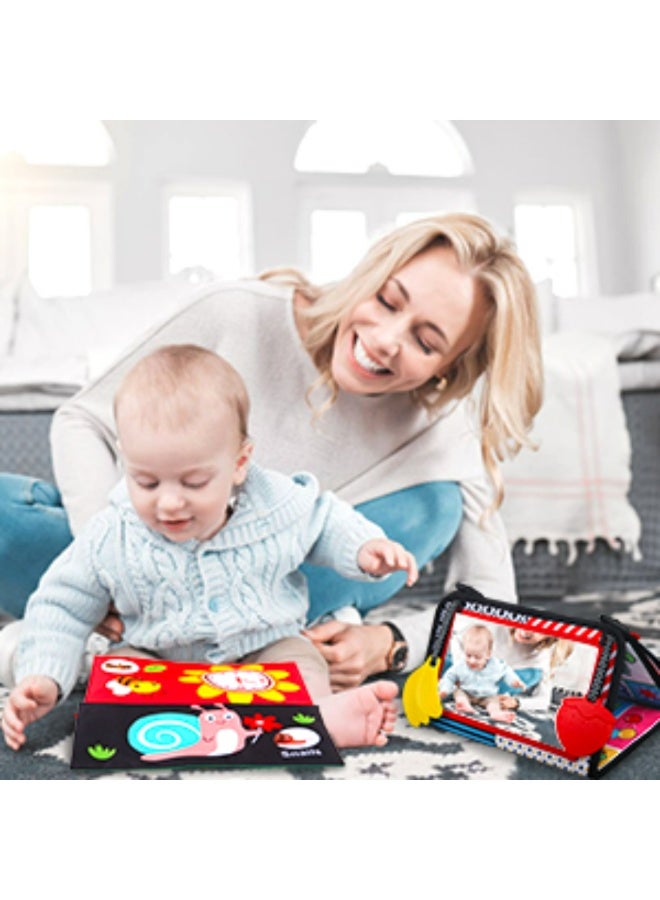 3-in-1 Tummy Time Baby Mirror & Sensory Activity Set – High Contrast Black & White Patterns with Crinkle Book and BPA-Free Teethers - Image 3