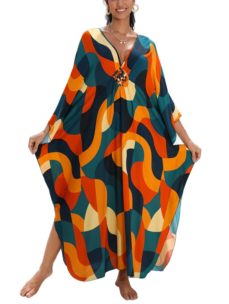 KEYLORTING Women's Plus Size Kaftan Dress â€“ Plus Size Maxi Dress Moo Moos Beach Cover Up,Bathing Suit Cover-Up Loungewear - Image 1