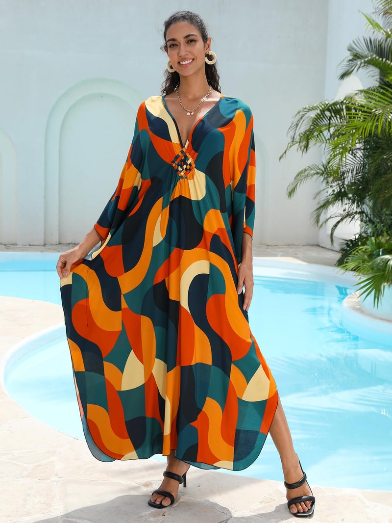 KEYLORTING Women's Plus Size Kaftan Dress â€“ Plus Size Maxi Dress Moo Moos Beach Cover Up,Bathing Suit Cover-Up Loungewear - Image 5