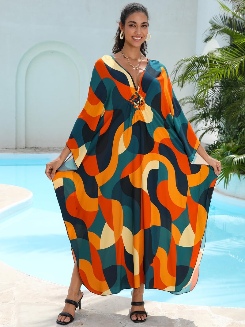KEYLORTING Women's Plus Size Kaftan Dress â€“ Plus Size Maxi Dress Moo Moos Beach Cover Up,Bathing Suit Cover-Up Loungewear - Image 2