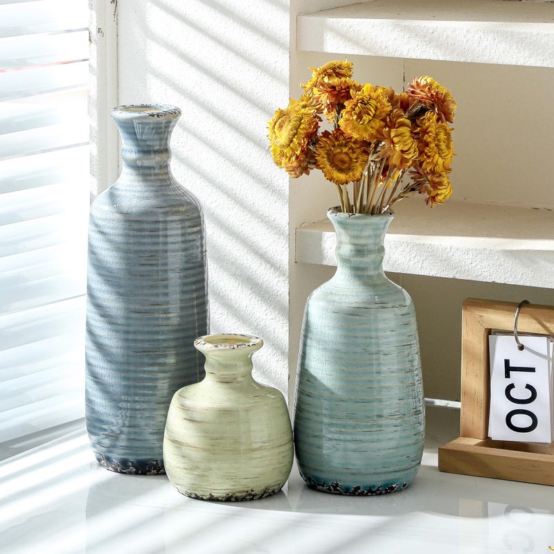 ooit Ceramic Vase Set of 3, Rustic Neutral Vases Home Decor Farmhouse Decorative Flower Vase Modern Boho Pampass Vases for Table Mantel Entryway Shelf Living Room Kitchen Bathroom - Multicolor - Image 5