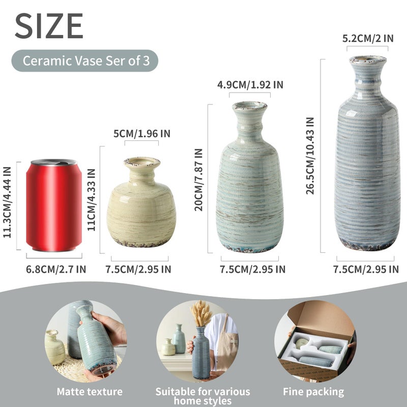 ooit Ceramic Vase Set of 3, Rustic Neutral Vases Home Decor Farmhouse Decorative Flower Vase Modern Boho Pampass Vases for Table Mantel Entryway Shelf Living Room Kitchen Bathroom - Multicolor - Image 2