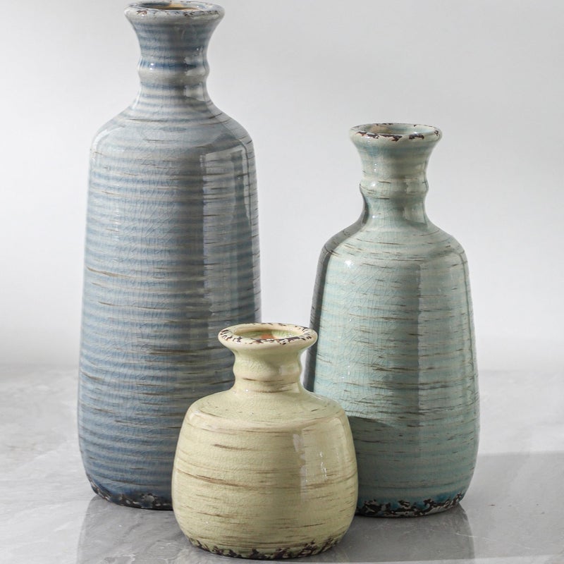ooit Ceramic Vase Set of 3, Rustic Neutral Vases Home Decor Farmhouse Decorative Flower Vase Modern Boho Pampass Vases for Table Mantel Entryway Shelf Living Room Kitchen Bathroom - Multicolor - Image 1