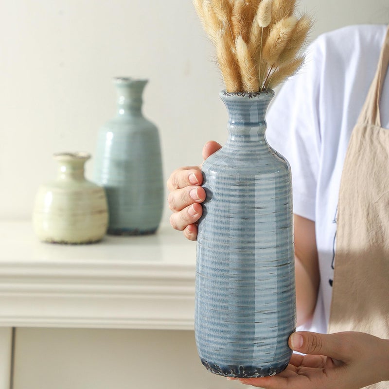 ooit Ceramic Vase Set of 3, Rustic Neutral Vases Home Decor Farmhouse Decorative Flower Vase Modern Boho Pampass Vases for Table Mantel Entryway Shelf Living Room Kitchen Bathroom - Multicolor - Image 3