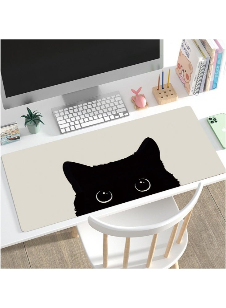 900x400x2mm Funny Cute Anime Black Cat Gaming E-Sports Mouse Pad Large Cartoon Desk Mat Extended Non-Slip Natural Rubber Base Keyboard Mat with Stitched Edges for Desk Home Office beige - Image 1