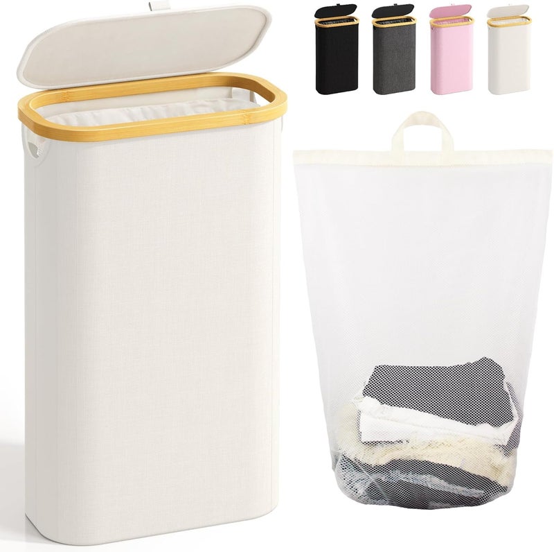 Bathola 75L Slim Laundry Hamper with Lid Dirty Clothes Hampers for Laundry Collapsible Laundry Baskets for Small Spaces Bedroom Bathroom Laundry Room Beige