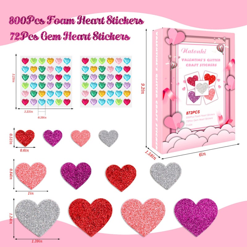 Natonhi 872 Pcs Valentines Heart Stickers  3 Sizes 5 Colors Self-Adhesive Glitter Foam Heart Shape Craft Supplies Stickers With Heart Shaped Gem Stickers For Kids Valentine'S Day Decoration - Image 4