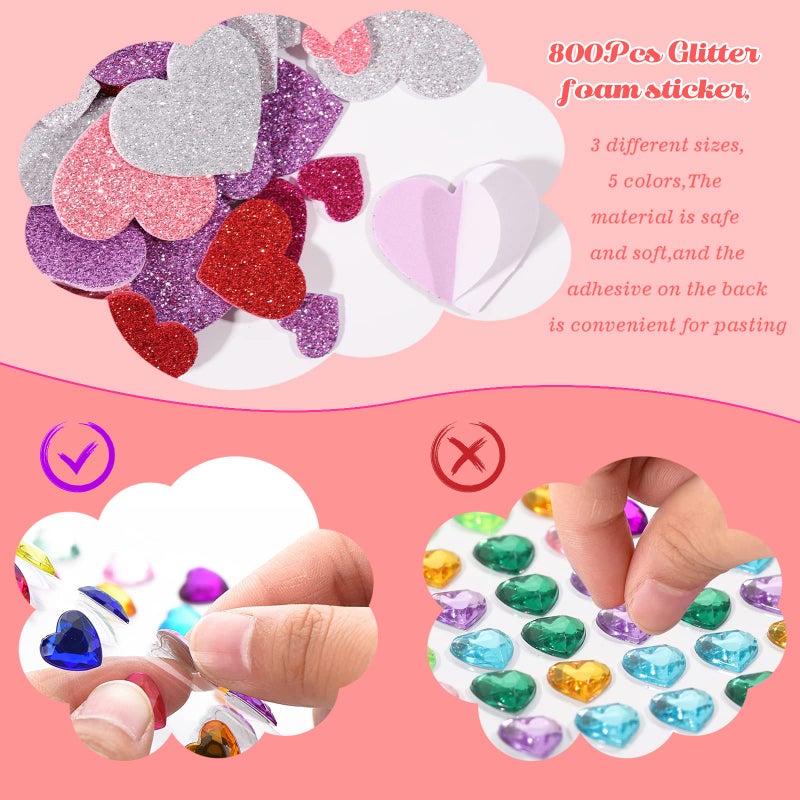 Natonhi 872 Pcs Valentines Heart Stickers  3 Sizes 5 Colors Self-Adhesive Glitter Foam Heart Shape Craft Supplies Stickers With Heart Shaped Gem Stickers For Kids Valentine'S Day Decoration - Image 3
