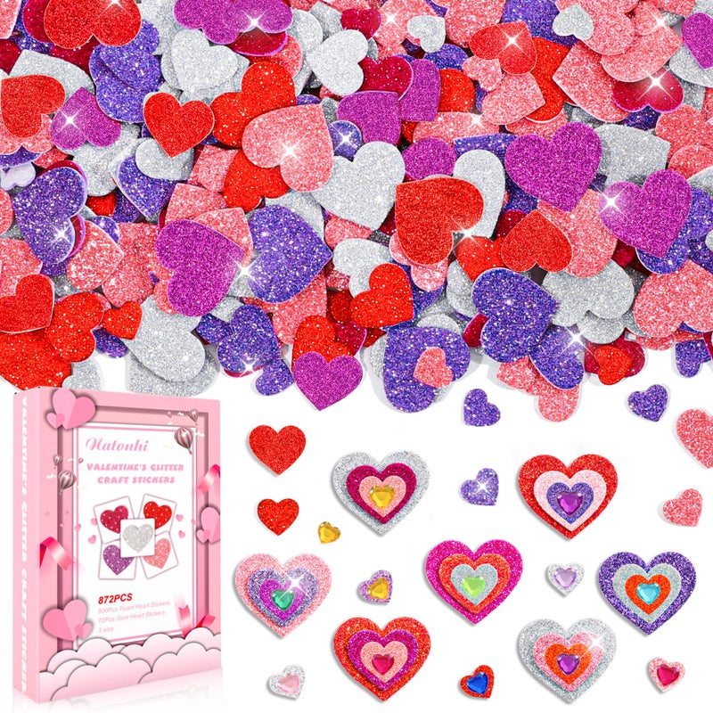 Natonhi 872 Pcs Valentines Heart Stickers  3 Sizes 5 Colors Self-Adhesive Glitter Foam Heart Shape Craft Supplies Stickers With Heart Shaped Gem Stickers For Kids Valentine'S Day Decoration - Image 1