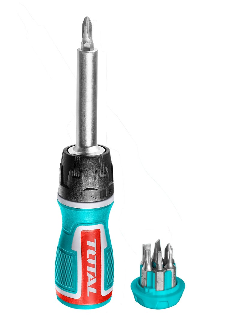 TOTAL 7-Piece Ratcheting Screwdriver Set, Turquoise, CRV Steel, Magnetic Bit Holder with Slotted, Phillips, Torx Bits, Model TACSD30086 - Image 1