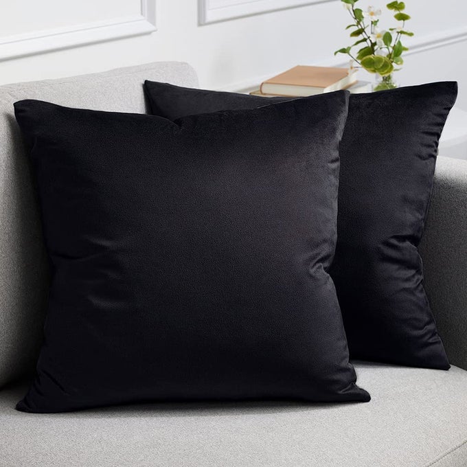 VELVET THROW PILLOW COVERS SET OF 2 24X24 DECORATIVE SQUARE PILLOWS HOME DECOR SOFT ACCENT CASES SILKY MACHINE WASHABLE PILLOWCASES FOR SOFA COUCH BEDROOM LIVING ROOM JET BLACK