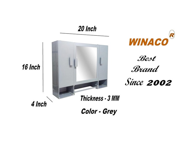 WINACO Diplomat Grey Acrylic 3 MM Thickness 20 x 4 x 16 Inch Three Door Bathroom Wall Mirror Cabinet - Image 2