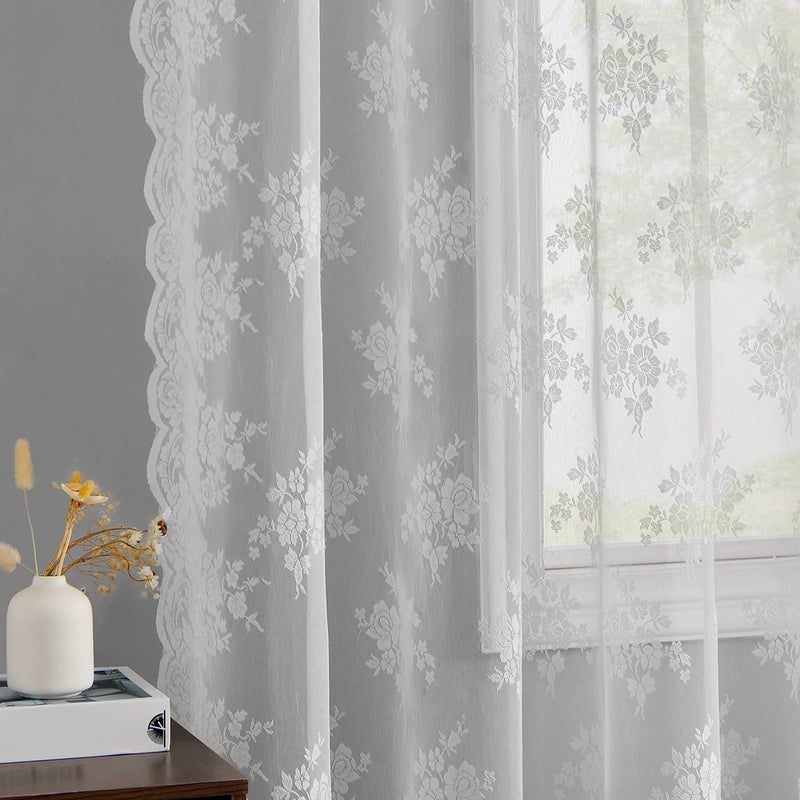 Kotile White Lace Curtains 84 Inch Length 2 Panels Set, Country Floral Vintage Scalloped Lace Curtains for Farmhouse/Living Room, Grommet Privacy Lace Sheer Curtains for Windows, 52 x 84 Inch, White - Image 4