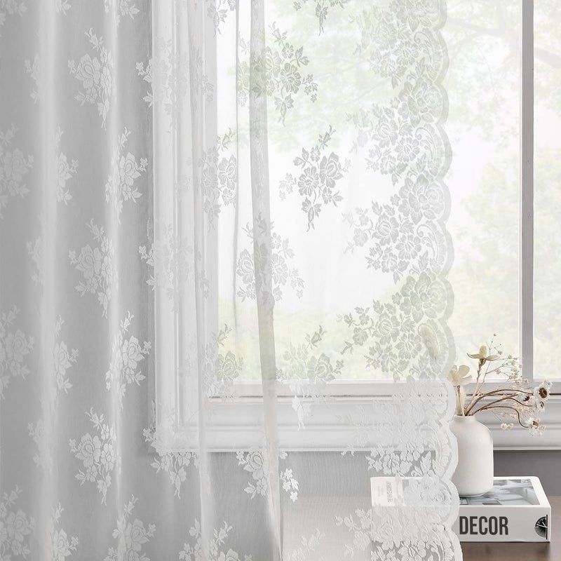 Kotile White Lace Curtains 84 Inch Length 2 Panels Set, Country Floral Vintage Scalloped Lace Curtains for Farmhouse/Living Room, Grommet Privacy Lace Sheer Curtains for Windows, 52 x 84 Inch, White - Image 1