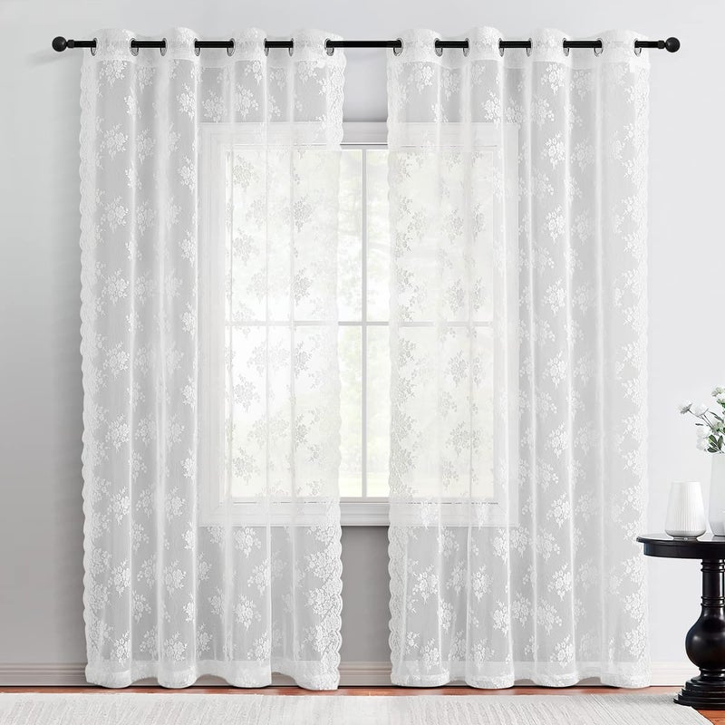 Kotile White Lace Curtains 84 Inch Length 2 Panels Set, Country Floral Vintage Scalloped Lace Curtains for Farmhouse/Living Room, Grommet Privacy Lace Sheer Curtains for Windows, 52 x 84 Inch, White - Image 2