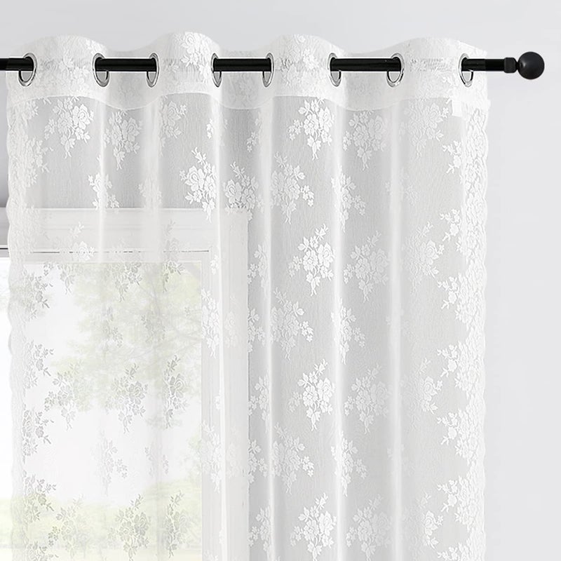 Kotile White Lace Curtains 84 Inch Length 2 Panels Set, Country Floral Vintage Scalloped Lace Curtains for Farmhouse/Living Room, Grommet Privacy Lace Sheer Curtains for Windows, 52 x 84 Inch, White - Image 3