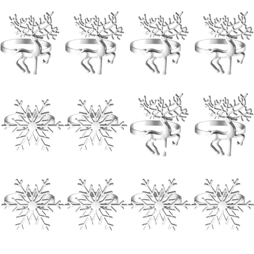 ELECLAND 12Pcs Silver Napkin Rings Holders, Deer & Snowflake Napkin Rings, Xmas Dinner Table Rings for Winter Party - Image 5