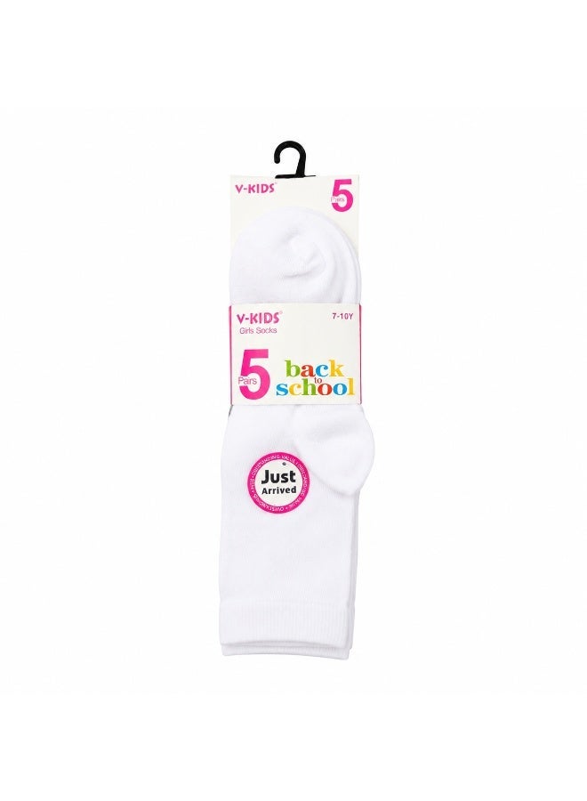 Girls Cotton School Uniform Socks, 5-Pair Pack, White - Image 1