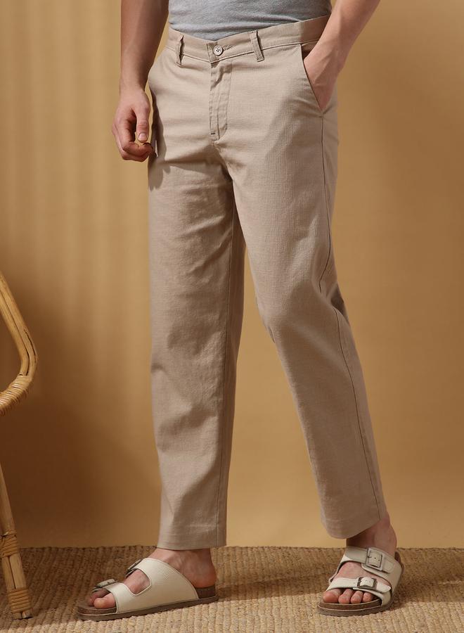 Dennis Lingo Men's Oat Milk 100% Cotton Solid Pattern Full Length Chinos Relaxed Trouser  - Image 2