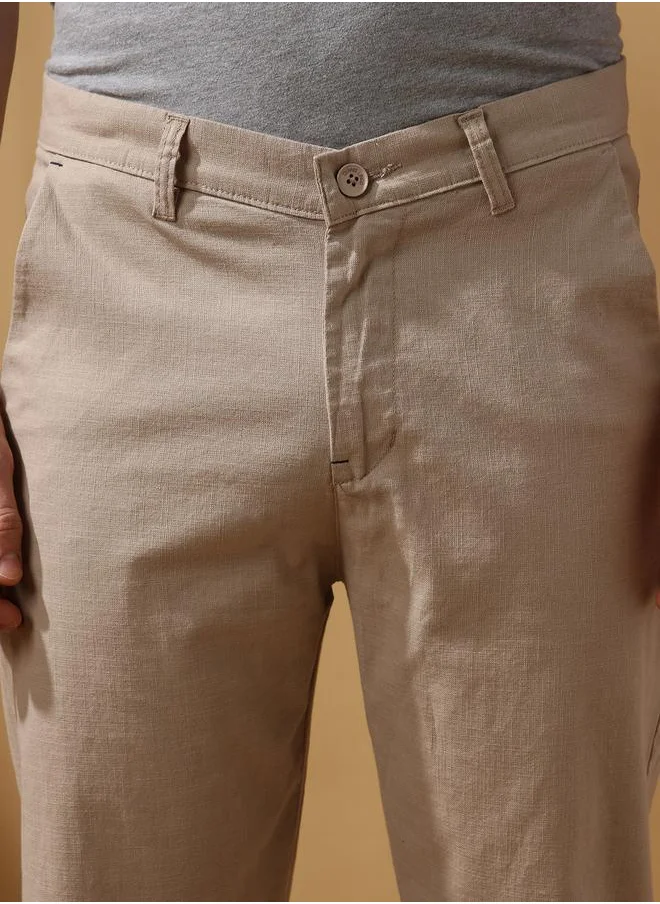 دينيس لينغو Oat Milk 100% cotton slub/linen look Solid Pattern Relaxed Fit Trouser for Men Full Bottom Body Wear Chinos Button Closure Woven Weave Mid Rise Waist - Perfect for Lifestyle Occasions