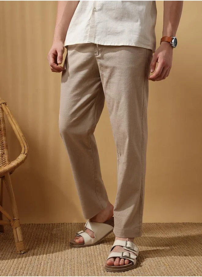 دينيس لينغو Oat Milk 100% cotton slub/linen look Solid Pattern Relaxed Fit Trouser for Men Full Bottom Body Wear Chinos Button Closure Woven Weave Mid Rise Waist - Perfect for Lifestyle Occasions