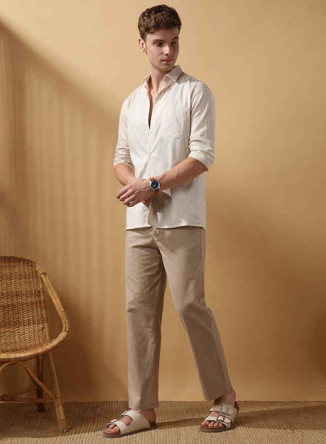 Dennis Lingo Men's Oat Milk 100% Cotton Solid Pattern Full Length Chinos Relaxed Trouser  - Image 1