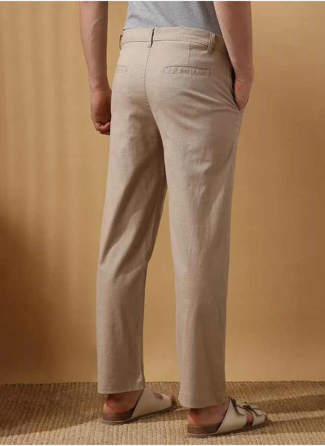دينيس لينغو Oat Milk 100% cotton slub/linen look Solid Pattern Relaxed Fit Trouser for Men Full Bottom Body Wear Chinos Button Closure Woven Weave Mid Rise Waist - Perfect for Lifestyle Occasions