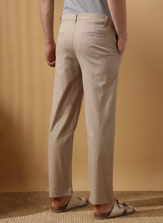 Dennis Lingo Men's Oat Milk 100% Cotton Solid Pattern Full Length Chinos Relaxed Trouser  - Image 3
