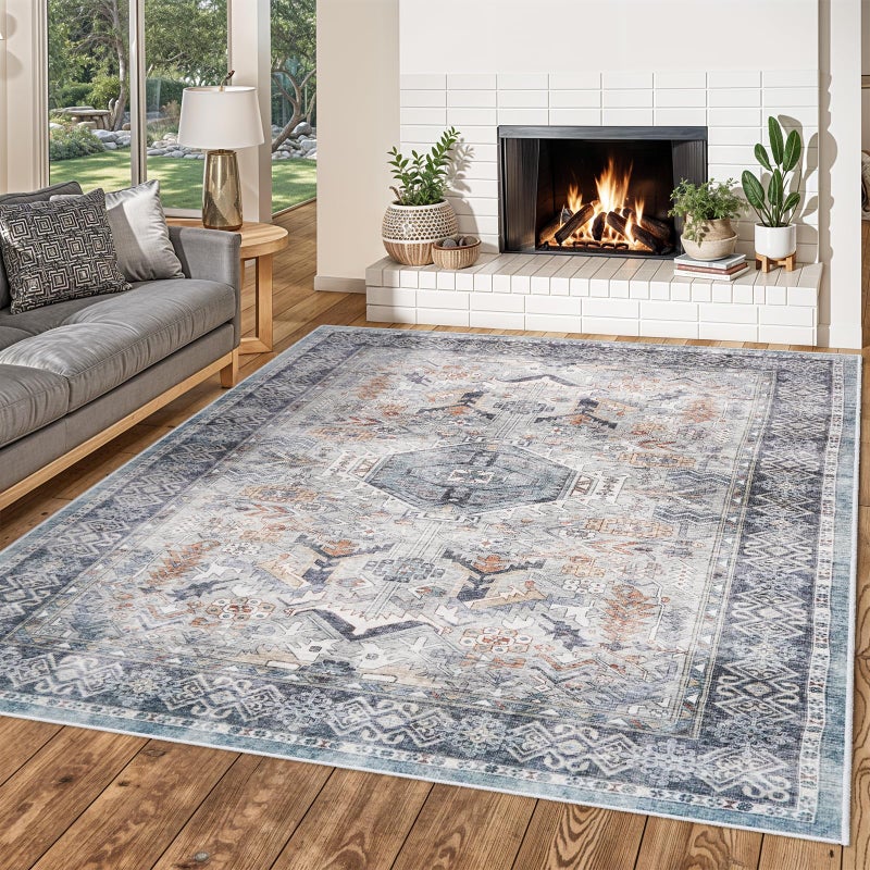 Washable Living Room Area Rug  8x10 Large Bedroom Rug Distressed Oriental NonSlip NonShedding Print Floor Carpet for Dining Room Kitchen GreyBlue8 x 10