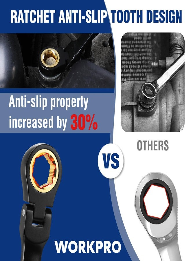 ووركبرو مجموعة مفاتيح ربط WORKPRO ذات الرأس المرن الطويل للغاية، مجموعة مفاتيح ربط مزدوجة الصندوق مضادة للانزلاق من 5 قطع، متري 8-19 مم، 72 سنًا، مفاتيح ربط مطلية بالكهرباء السوداء والفولاذ Cr-V مع حقيبة دوارة - Image 2