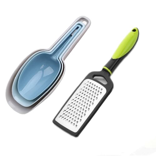 MOBDESK [ Combo Set ] Durable & BPA Free Grating Tool | Lightweight Plastic Nesting Scoop, Great For Scooping Nuts, Coffee Beans, Or Pet Food | Stainless Steel Grater For Making Bread Crumb, Chocolate - Image 1