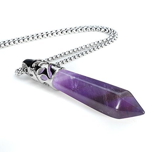 BEADNOVA Healing Crystal Necklace for Women Men Natural Amethyst Quartz Crystal Pendant Energy Healing Gemstones Jewelry Pendulum Crystal Divination (Hexagonal,18 Inches Stainless Steel Chain) - Image 3