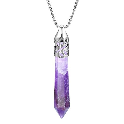 BEADNOVA Healing Crystal Necklace for Women Men Natural Amethyst Quartz Crystal Pendant Energy Healing Gemstones Jewelry Pendulum Crystal Divination (Hexagonal,18 Inches Stainless Steel Chain) - Image 1